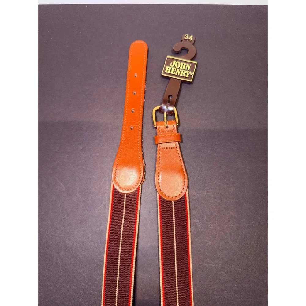 John Henry Men's Sz 34 Striped Canvas Leather Belt Burgundy Red Preppy Vintage